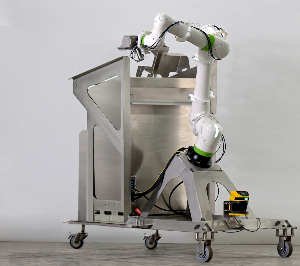 Full view of a portable collaborative robotic arm mounted on a stainless steel wheeled cart with a yellow safety laser scanner and integrated control enclosure